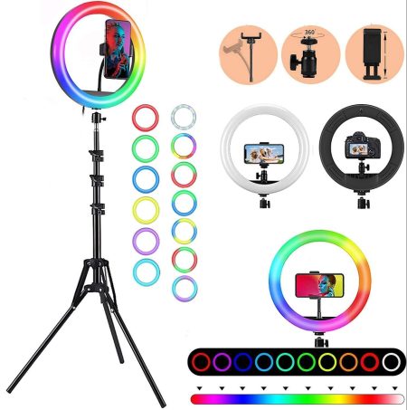 RGB Ring Light 33cm with Tripod Stand & Phone Holder – Dimmable LED Selfie, Makeup & TikTok Light